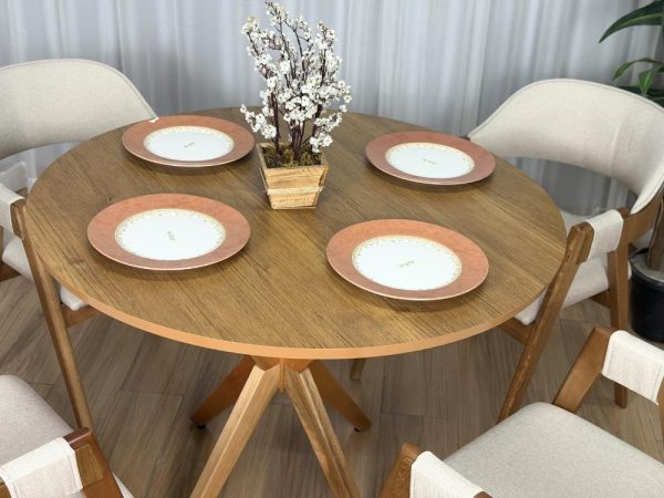 Mesa de Jantar Circular Simpatia 1.08x1.08 c/4 Cadeiras Pérola - Cinamomo/Bege Linho - Imagem 7