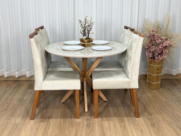 Mesa de Jantar Circular Simpatia 1.08x1.08 c/4 Cadeiras Jasmim - Cinamomo/Off White/Bege Veludo - Imagem 6