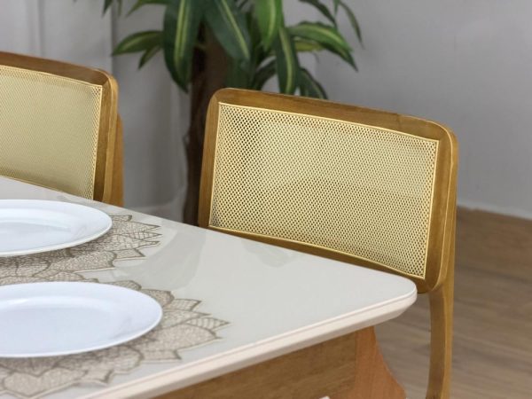 Mesa de Jantar Alegra c/Vidro 1.60x0.80 c/6 Cadeiras Fortaleza - Cinamomo/Off White/Bege Linho - Imagem 5