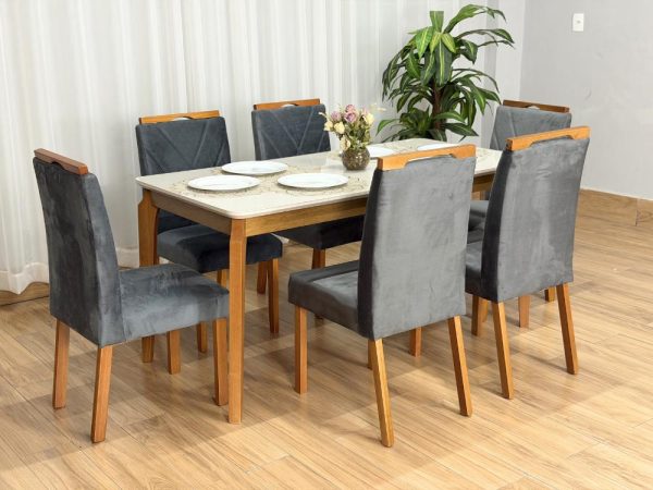 Mesa de Jantar Alegra 1.60x0.80 Com 6 Cadeiras Isa - Cinamomo/Off White/Cinza
