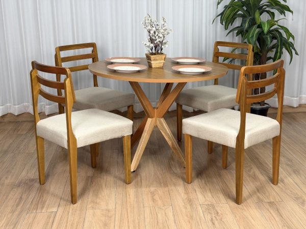Mesa de Jantar Circular Simpatia 1.08x1.08 c/4 Cadeiras Turquia - Cinamomo/Bege Linho - Imagem 2