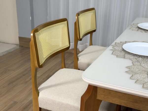 Mesa de Jantar Alegra c/Vidro 1.60x0.80 c/6 Cadeiras Fortaleza - Cinamomo/Off White/Bege Linho - Imagem 7