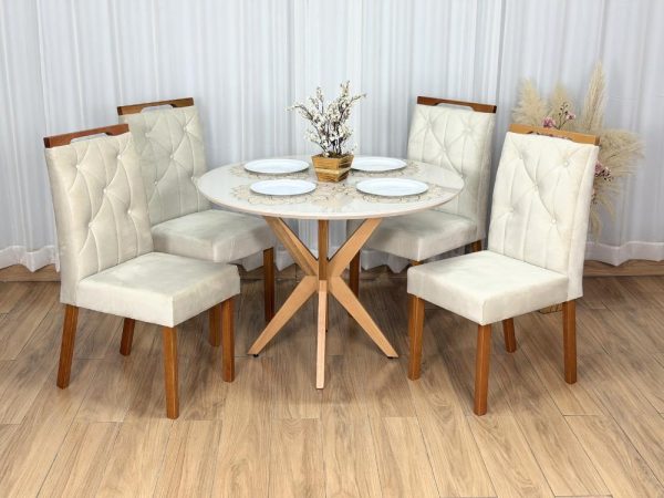 Mesa de Jantar Circular Simpatia 1.08x1.08 c/4 Cadeiras Jasmim - Cinamomo/Off White/Bege Veludo - Imagem 4