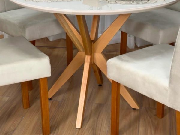 Mesa de Jantar Circular Simpatia 1.08x1.08 c/4 Cadeiras Jasmim - Cinamomo/Off White/Bege Veludo - Imagem 7