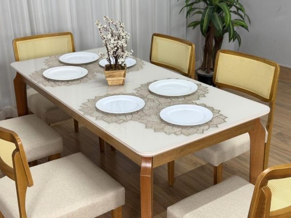 Mesa de Jantar Alegra c/Vidro 1.60x0.80 c/6 Cadeiras Fortaleza - Cinamomo/Off White/Bege Linho - Imagem 6