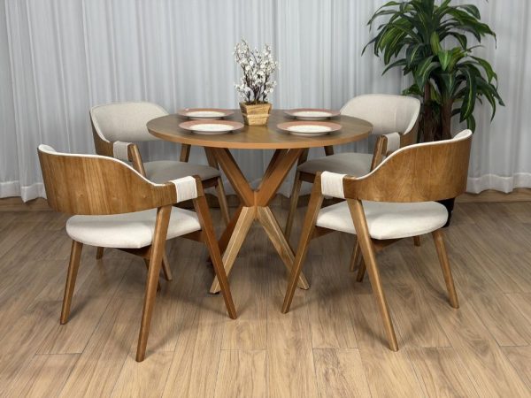 Mesa de Jantar Circular Simpatia 1.08x1.08 c/4 Cadeiras Pérola - Cinamomo/Bege Linho