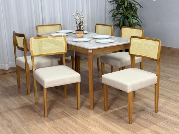 Mesa de Jantar Alegra c/Vidro 1.60x0.80 c/6 Cadeiras Fortaleza - Cinamomo/Off White/Bege Linho - Imagem 10