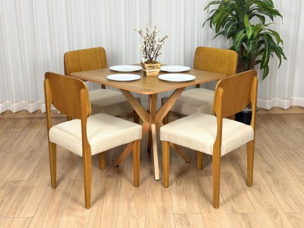 Mesa de Jantar Simpatia 0.90x0.90 Quadrada c/4 Cadeiras Barcelona - Cinamomo/Bege Linho