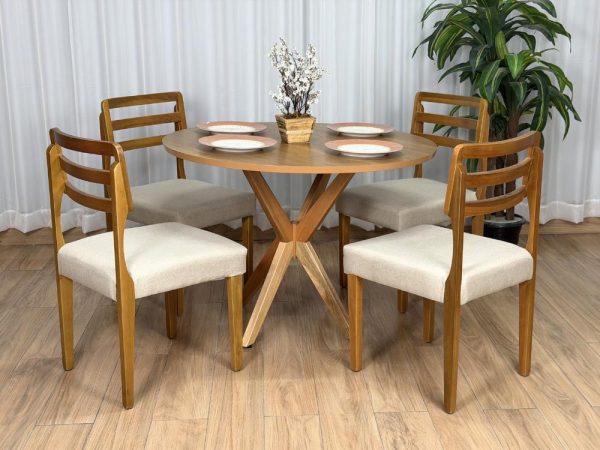 Mesa de Jantar Circular Simpatia 1.08x1.08 c/4 Cadeiras Turquia - Cinamomo/Bege Linho