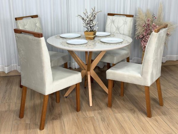 Mesa de Jantar Circular Simpatia 1.08x1.08 c/4 Cadeiras Jasmim - Cinamomo/Off White/Bege Veludo - Imagem 3