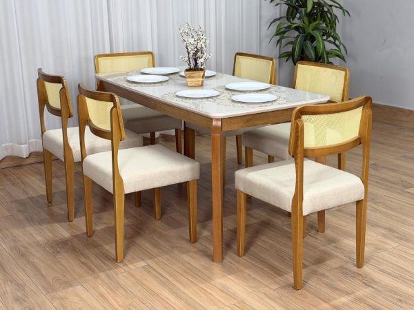 Mesa de Jantar Alegra c/Vidro 1.60x0.80 c/6 Cadeiras Fortaleza - Cinamomo/Off White/Bege Linho