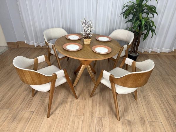 Mesa de Jantar Circular Simpatia 1.08x1.08 c/4 Cadeiras Pérola - Cinamomo/Bege Linho - Imagem 6