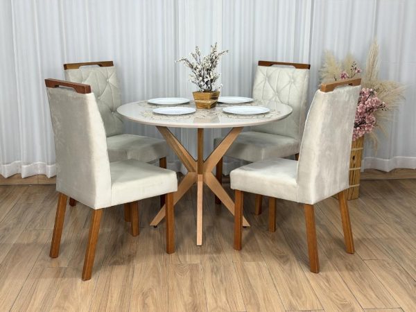Mesa de Jantar Circular Simpatia 1.08x1.08 c/4 Cadeiras Jasmim - Cinamomo/Off White/Bege Veludo - Imagem 2