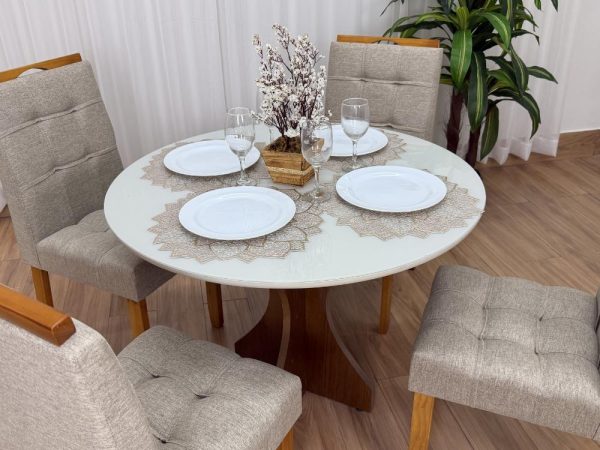 Alternative view of Mesa de Jantar Siena Circular 1.00x1.00m c/4 Cadeiras Londres - Cinamomo/Off white/Bege Linho