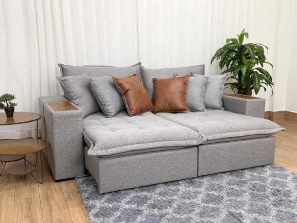 Sofá Cama Retrátil Reclinável Tebas 2.50m - Cinza Linho/Marrom Courino