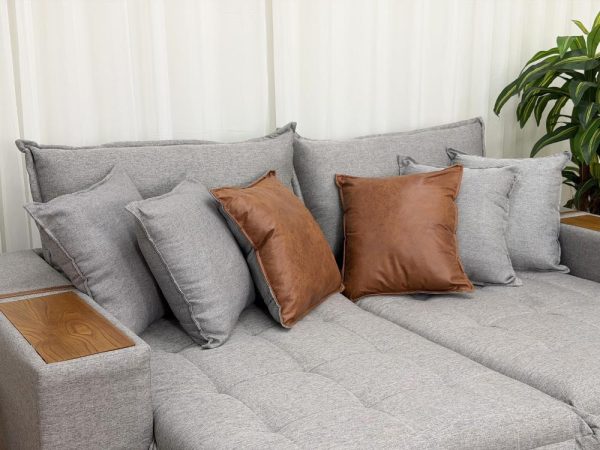 Sofá Cama Retrátil Reclinável Tebas 2.50m - Cinza Linho/Marrom Courino - Imagem 3