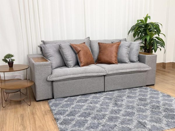 Sofá Cama Retrátil Reclinável Tebas 2.50m - Cinza Linho/Marrom Courino - Imagem 9