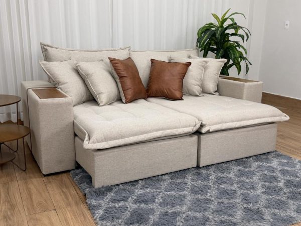 Sofá Cama Retrátil Reclinável Tebas 2.50m - Bege Linho/Marrom Courino