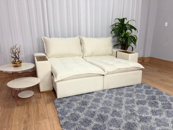 Sofá Cama Retrátil Reclinável Gabriela 2,90m – Bege Linho/ Marrom Courino - Imagem 3