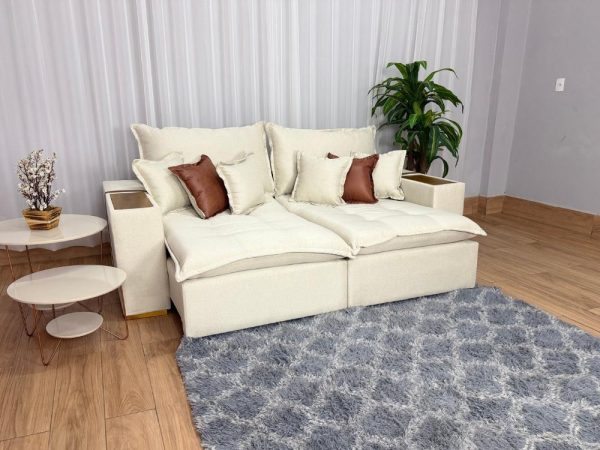 Sofá Cama Retrátil Reclinável Gabriela 2,90m – Bege Linho/ Marrom Courino
