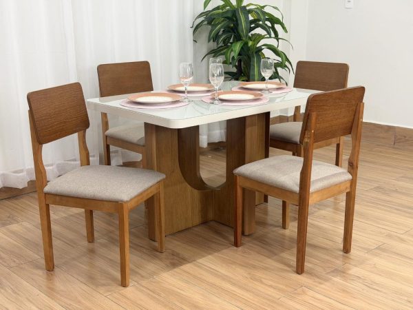 Mesa de Jantar Dora 1.20x0.80m c/ 4 Cadeiras Ana – Cinamomo/Off White/Bege Linho