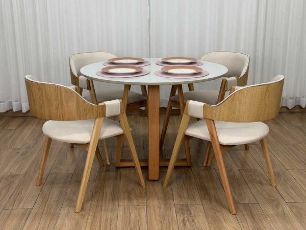 Mesa de Jantar Bali Circular 1.10x1.10m c/4 Cadeiras Pérola  - Cinamomo/Off White/Bege Linho
