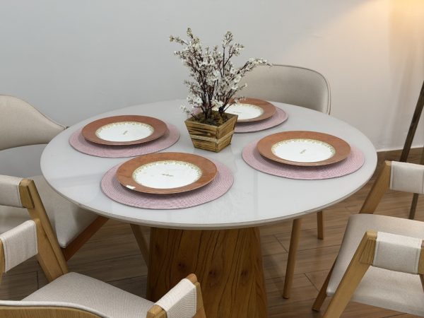 Mesa de Jantar Paris Circular 1.10x1.10 c/4 Cadeiras Pérola Concha - Cinamomo/Off White/Bege Linho - Imagem 6