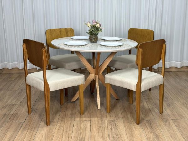 Mesa de Jantar Circular Simpatia 1.08x1.08 c/4 Cadeiras Barcelona - Cinamomo/Off White/Begeb Linho - Imagem 8