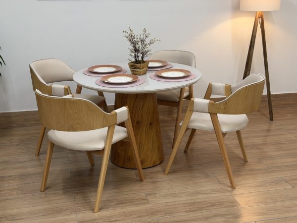Mesa de Jantar Paris Circular 1.10x1.10 c/4 Cadeiras Pérola Concha - Cinamomo/Off White/Bege Linho - Imagem 7