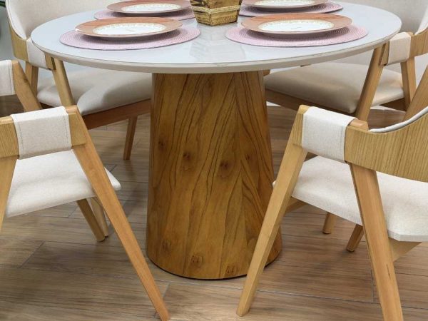 Mesa de Jantar Paris Circular 1.10x1.10 c/4 Cadeiras Pérola Concha - Cinamomo/Off White/Bege Linho - Imagem 4