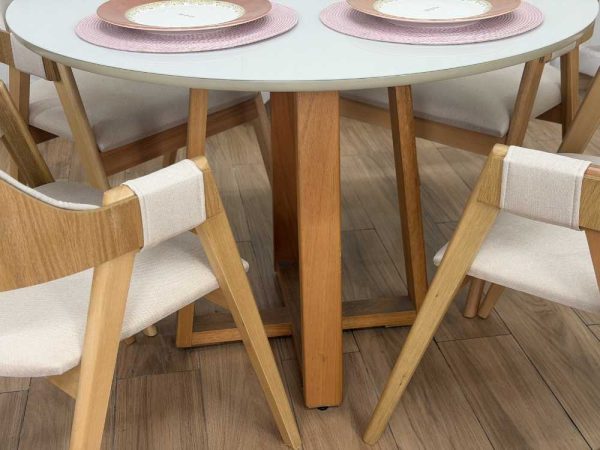Mesa de Jantar Bali Circular 1.10x1.10m c/4 Cadeiras Pérola  - Cinamomo/Off White/Bege Linho - Imagem 2