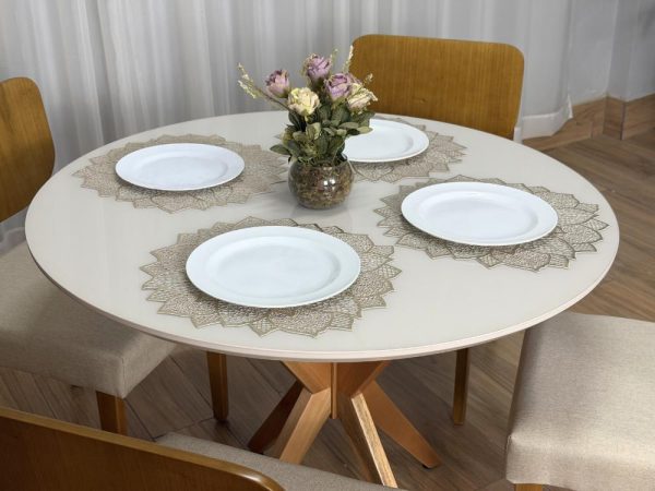 Mesa de Jantar Circular Simpatia 1.08x1.08 c/4 Cadeiras Barcelona - Cinamomo/Off White/Begeb Linho - Imagem 7