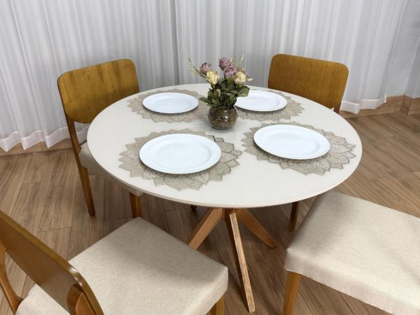 Mesa de Jantar Circular Simpatia 1.08x1.08 c/4 Cadeiras Barcelona - Cinamomo/Off White/Begeb Linho - Imagem 2