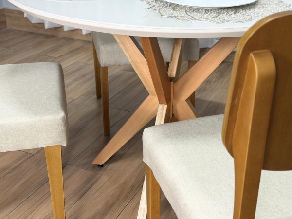 Mesa de Jantar Circular Simpatia 1.08x1.08 c/4 Cadeiras Barcelona - Cinamomo/Off White/Begeb Linho - Imagem 4