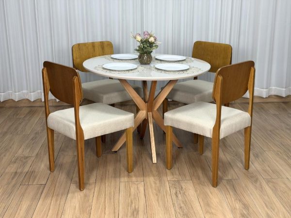 Mesa de Jantar Circular Simpatia 1.08x1.08 c/4 Cadeiras Barcelona - Cinamomo/Off White/Begeb Linho