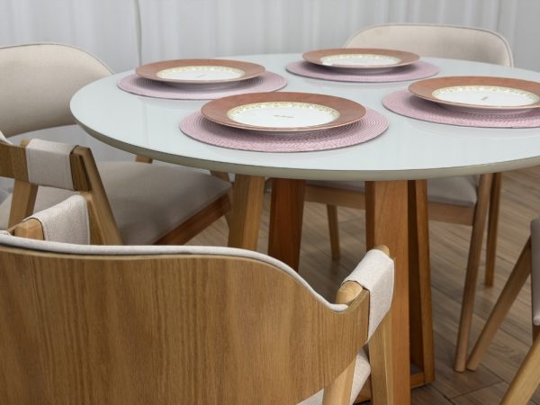 Mesa de Jantar Bali Circular 1.10x1.10m c/4 Cadeiras Pérola  - Cinamomo/Off White/Bege Linho - Imagem 5