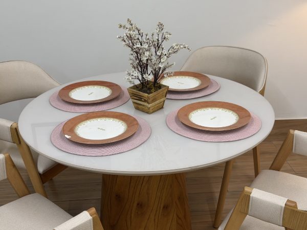 Mesa de Jantar Paris Circular 1.10x1.10 c/4 Cadeiras Pérola Concha - Cinamomo/Off White/Bege Linho - Imagem 5