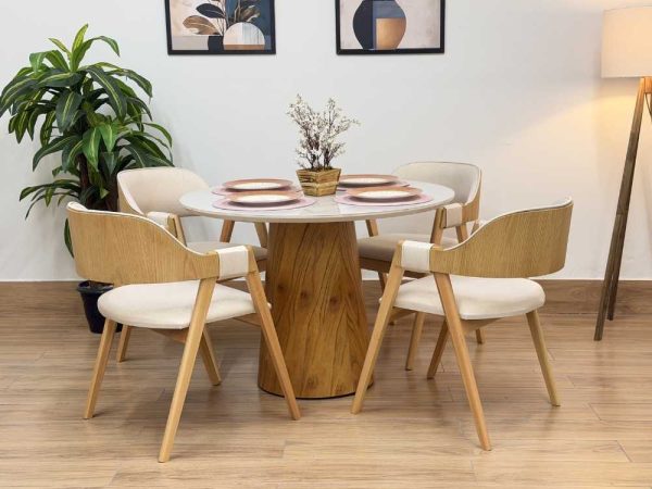 Mesa de Jantar Paris Circular 1.10x1.10 c/4 Cadeiras Pérola Concha - Cinamomo/Off White/Bege Linho