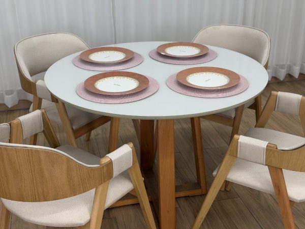 Mesa de Jantar Bali Circular 1.10x1.10m c/4 Cadeiras Pérola  - Cinamomo/Off White/Bege Linho - Imagem 4