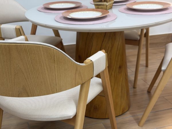 Mesa de Jantar Paris Circular 1.10x1.10 c/4 Cadeiras Pérola Concha - Cinamomo/Off White/Bege Linho - Imagem 3