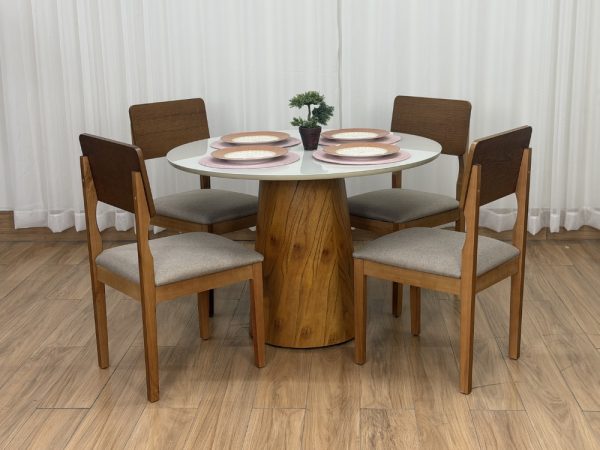 Mesa de Jantar Paris Circular 1.10x1.10 c/4 Cadeiras Ana - Cinamomo/Off White/Bege Linho
