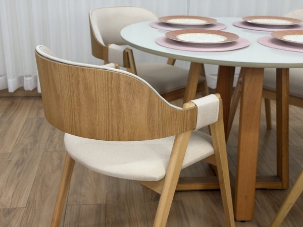 Mesa de Jantar Bali Circular 1.10x1.10m c/4 Cadeiras Pérola  - Cinamomo/Off White/Bege Linho - Imagem 3