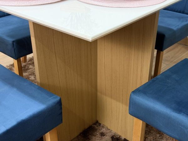 Mesa de Jantar Helo 0.90x0.90 Com 4 Cadeiras Jasmim - Freijó/Off White/Azul Veludo - Imagem 4