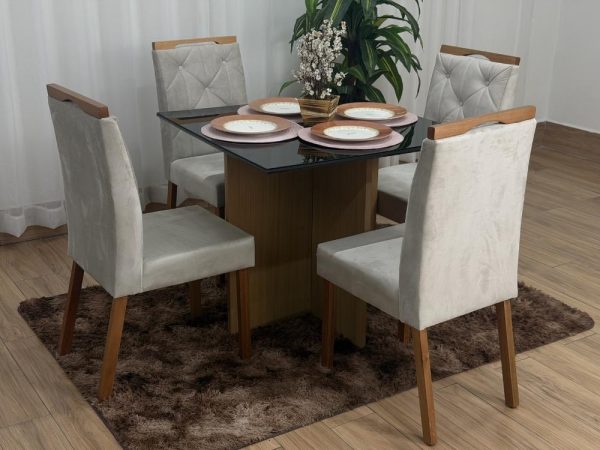 Mesa de Jantar Helo 0.90x0.90 Com 4 Cadeiras Jasmim - Freijó/Preto/Bege Veludo - Imagem 5