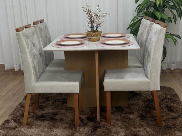 Mesa de Jantar Helo 1.20x0.90 Com 4 Cadeiras Jasmim - Freijó/Off White/Bege Veludo - Imagem 11