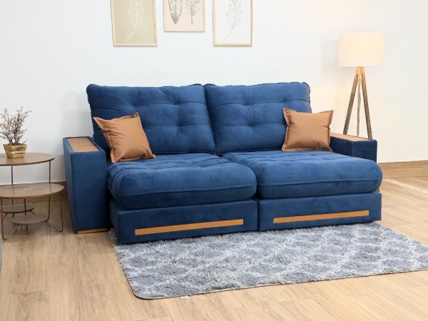 Sofá Retrátil e Reclinável Apollo Molas Ensacadas 2.50m - Azul Veludo /Courino Marrom