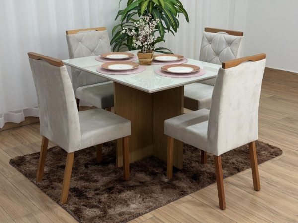 Mesa de Jantar Helo 1.20x0.90 Com 4 Cadeiras Jasmim - Freijó/Off White/Bege Veludo - Imagem 10