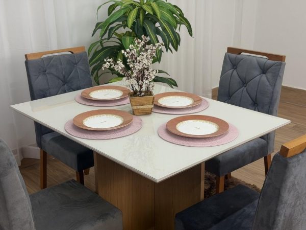 Mesa de Jantar Helo 1.20x0.90 Com 4 Cadeiras Jasmim - Freijó/Off White/Cinza Veludo - Imagem 6