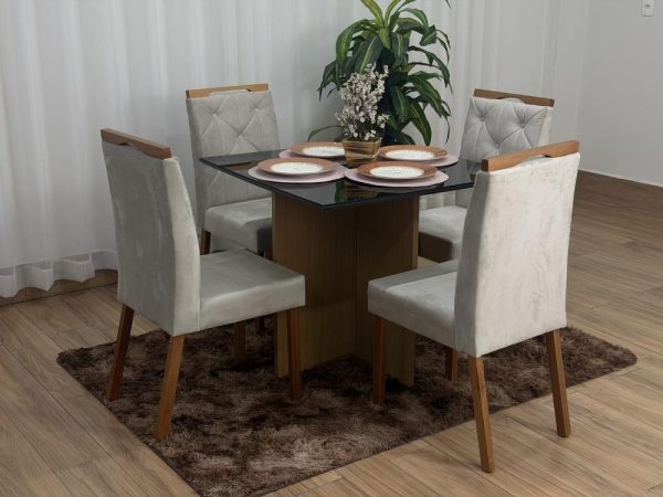 Mesa de Jantar Helo 0.90x0.90 Com 4 Cadeiras Jasmim - Freijó/Preto/Bege Veludo