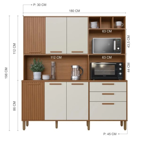 Armário de Cozinha Kit Grécia 7 Portas 2 Gavetas 1.80m - Freijó/Off White - Imagem 4